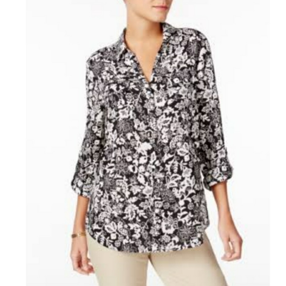 Charter Club Top Collared White Floral Button Up